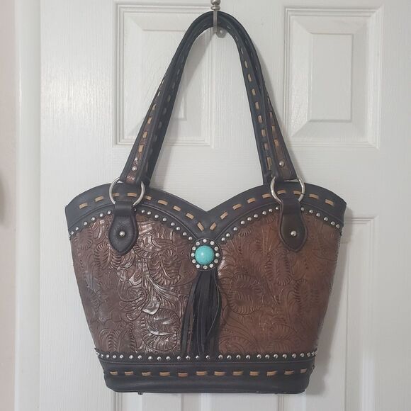 Western Tooled Brown Tote Bag w/ Turquoise Concho & Fringe – Shoulder Purse - Picture 7 of 10